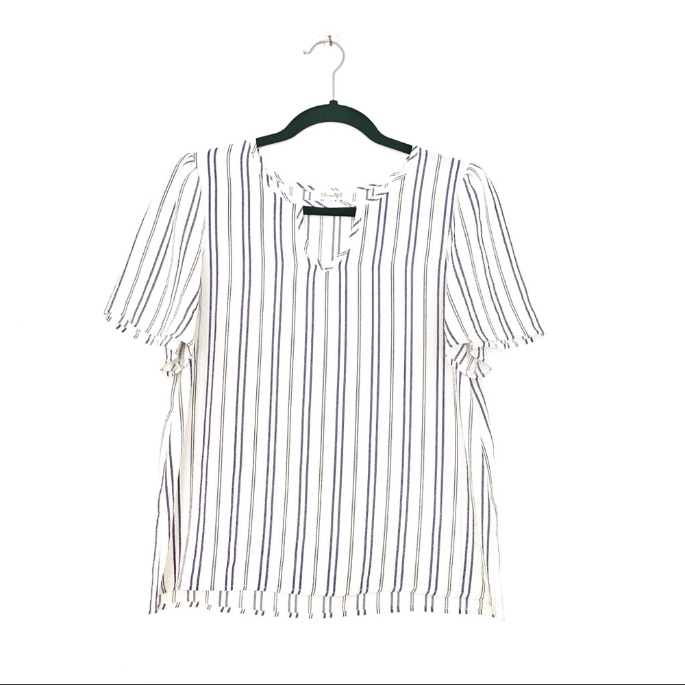 Blue + White Pinstripe Short Sleeve Blouse